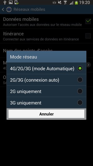 Sélectionnez 2G uniquement pour activer la 2G et 2G/3G (connexion auto) pour activer la 3G