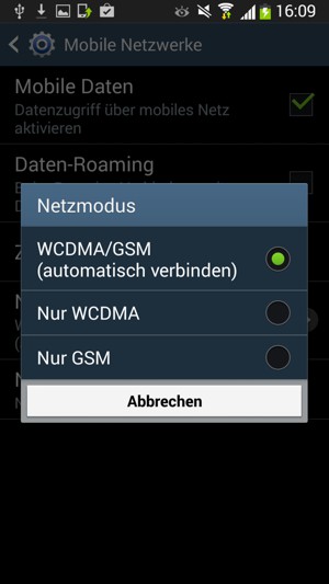 Wählen Sie Nur GSM, um 2G zu aktivieren und WCDMA/GSM (automatisch verbinden, um 3G zu aktivieren