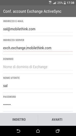 Inserisci l'indirizzo del server Exchange e Nome utente. Seleziona AVANTI
