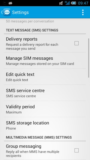 Scroll to and select SMS service centre