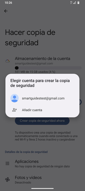 Seleccione su cuenta de copia de seguridad