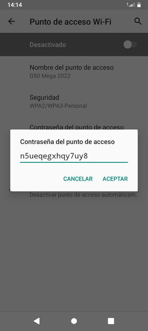 Introduzca una contraseña de punto de acceso Wi-Fi de al menos 8 caracteres y seleccione ACEPTAR