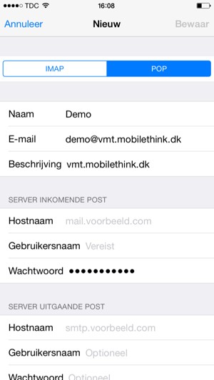 Selecteer POP of IMAP en voer e-mailgegevens voor SERVER INKOMENDE POST in