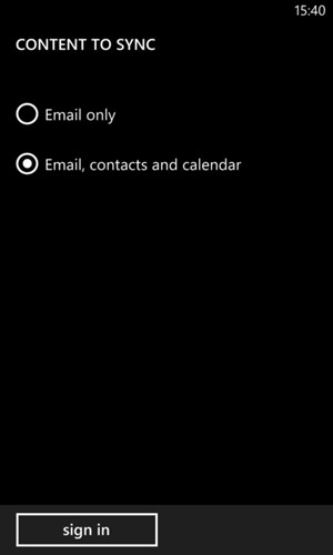 Select Email, contacts and calender and select sign in