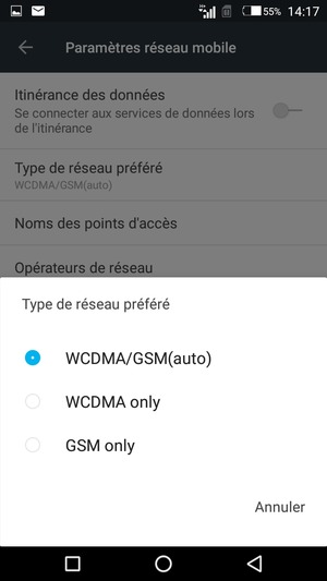 Sélectionnez GSM only pour activer la 2G et WCDMA/GSM(auto) pour activer la 3G