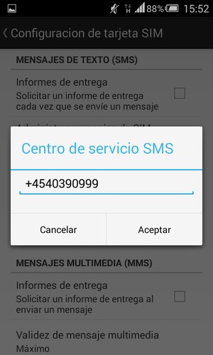 Introduzca el número de Centro de servicio SMS y seleccione Aceptar