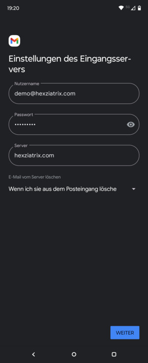 Geben Sie Benutzername und die Server-Adresse für eingehende Post ein. Wählen Sie WEITER