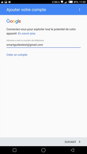 Saisissez votre adresse Gmail et sélectionnez SUIVANT