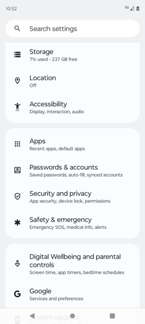 Scroll to and select Security and privacy