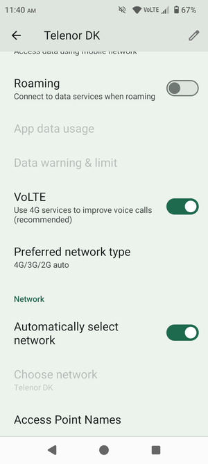 Scroll to and select Preferred network type