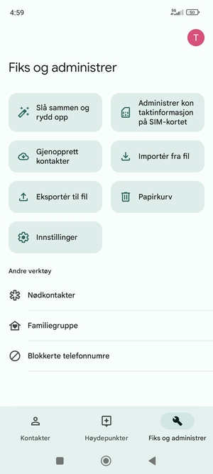 Velg Administrer kontaktinformasjon på SIM-kortet