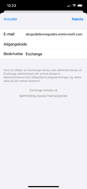 Indtast Exchange e-mail oplysninger og vælg Næste