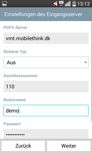 Geben Sie Eingangs Server-Adresse und Benutzername ein. Wählen Sie Weiter