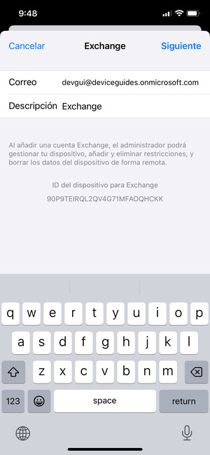 Introduzca su Información de correo electrónico Exchange y seleccione Siguiente