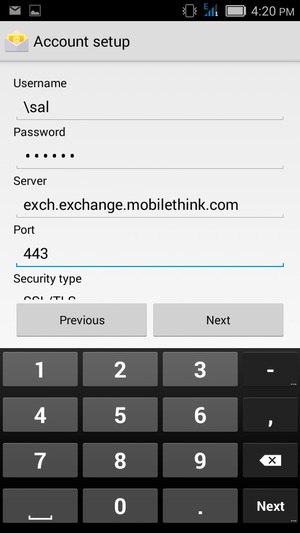 Enter Username and Exchange server address. Select Next
