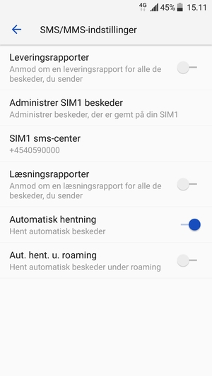 Vælg SIM sms-center