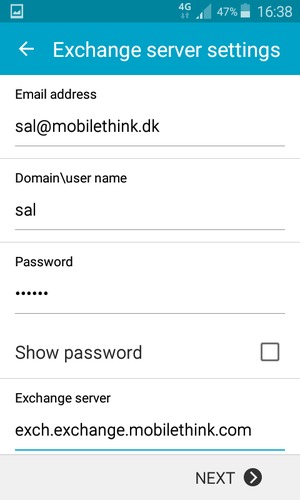 Enter Username and Exchange server address. Select NEXT