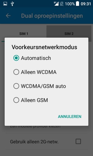 Selecteer WCDMA/GSM auto om 3G in te schakelen en Automatisch om 4G in te schakelen