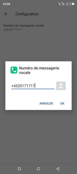 Saisissez le Numéro de messagerie vocale et sélectionnez OK