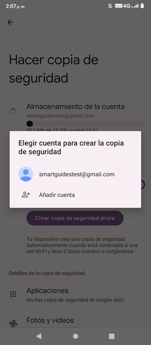 Seleccione su cuenta de copia de seguridad