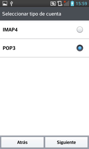 Seleccione POP3 o IMAP4 y seleccione Siguiente