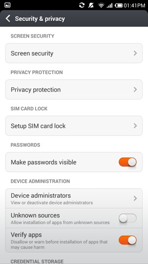To activate your screen lock, go to the Security & privacy menu and select Screen security