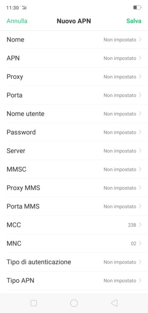 Inserisci le informazioni di Internet