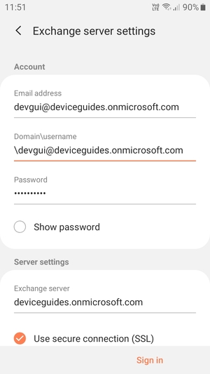 Enter Username and Exchange server address. Select Sign in
