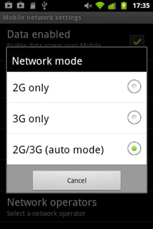 Select 2G only to enable 2G and 2G/3G (auto mode) to enable 3G