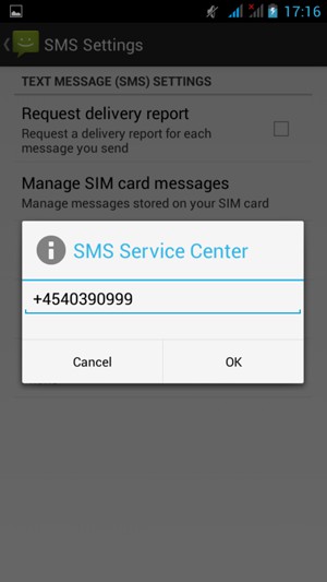 Enter the SMS Service center number and select OK