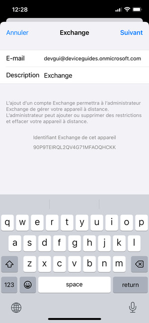 Saisissez vos informations de messagerie Exchange et sélectionnez Suivant