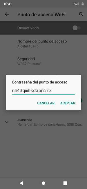 Introduzca una contraseña de punto de acceso Wi-Fi de al menos 8 caracteres y seleccione ACEPTAR