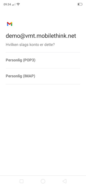 Vælg Persolig (POP3) eller Personlig (IMAP)