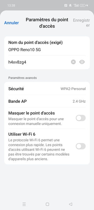 Saisissez un mot de passe de hotspot Wi-Fi d'au moins 8 caractères et sélectionnez Enregistrer