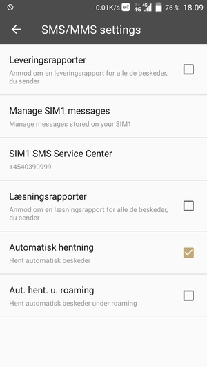 Vælg SIM SMS Service Center