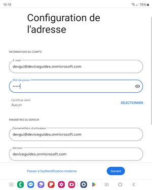 Saisissez votre Nom d'utilisateur et l'adresse du serveur Exchange. Sélectionnez Suivant