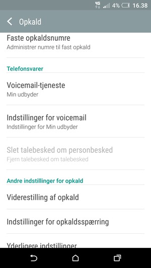 Scroll til og vælg Indstillinger for voicemail