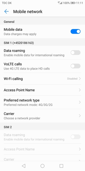 Scroll to SIM 1 or SIM 2 and select  Preferred network type