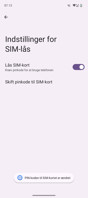 Din PIN-kode til SIM-kort er nu ændret