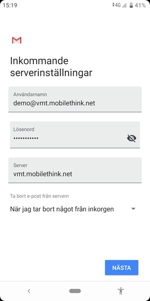 Ange Användarnamn och inkommande serveradress. Välj NÄSTA