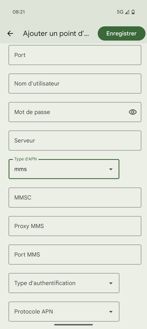 Faites défiler vers le bas et saisissez les informations MMS