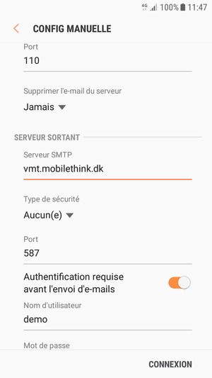 Faites défiler vers le bas et saisissez l'adresse du serveur sortant