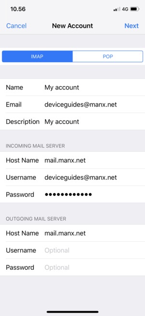 Enter email information for OUTGOING MAIL SERVER and select Next