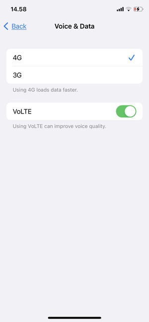 To enable 4G, select 4G