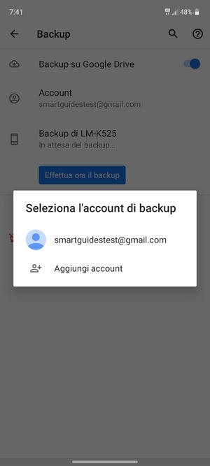 Seleziona il tuo account di backup