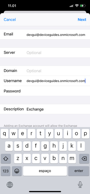 Enter your Exchange email information and select Next