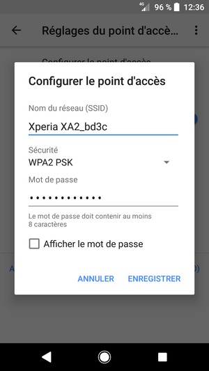 Saisissez un mot de passe de hotspot Wi-Fi d'au moins 8 caractères et sélectionnez ENREGISTRER