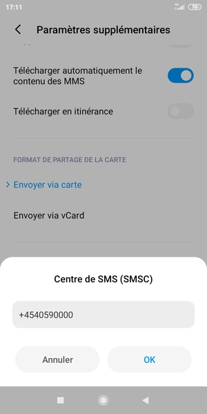 Saisissez le numéro du Centre de SMS (SMSC) et sélectionnez OK