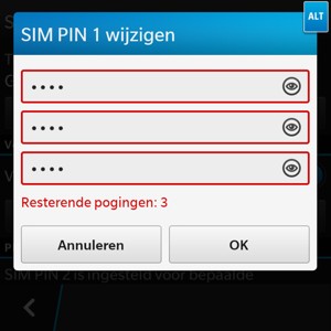 Voer uw Huidige en Nieuwe SIM-PIN in. Bevestig de Nieuwe SIM-PIN en selecteer OK