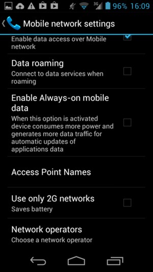 Check the Use only 2G networks checkbox to enable 2G